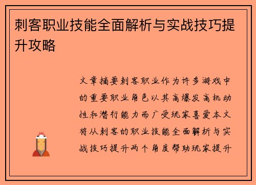 刺客职业技能全面解析与实战技巧提升攻略