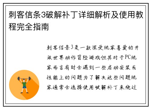 刺客信条3破解补丁详细解析及使用教程完全指南
